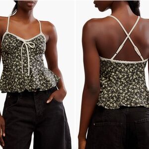 Free People Floral Tie Front Peplum Cami Top Size L NWT